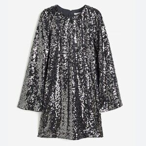 H&M Sequin Party Long Sleeve Dress Dark Grey Gunmetal Black NWT Size Small